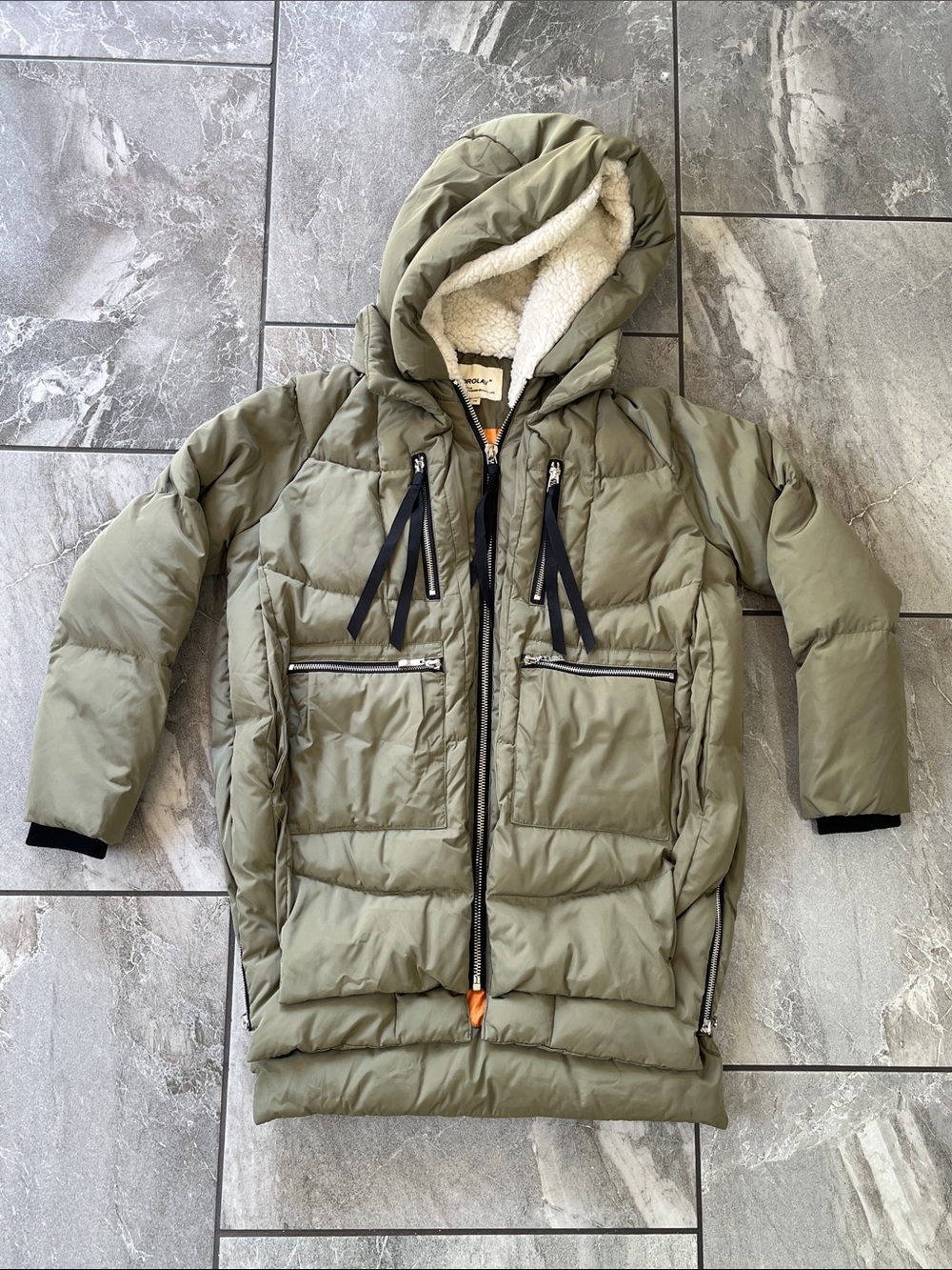 🧡 Orolay Down Filled Puffer Jacket Coat Size XS Olive Green Sherpa Hood Zipper